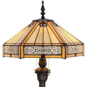 Tiffany Floor Lamp Yellow Hexagon Stained Glass Mission Standing Reading Light